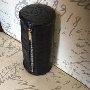 CHANEL Black Quilted Leather Cylindrical Pouch with Gold Zip